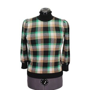 Ann Taylor Factory Retro Multi Check Puff 3/4 Sleeve Mock Neck Sweater Women's M